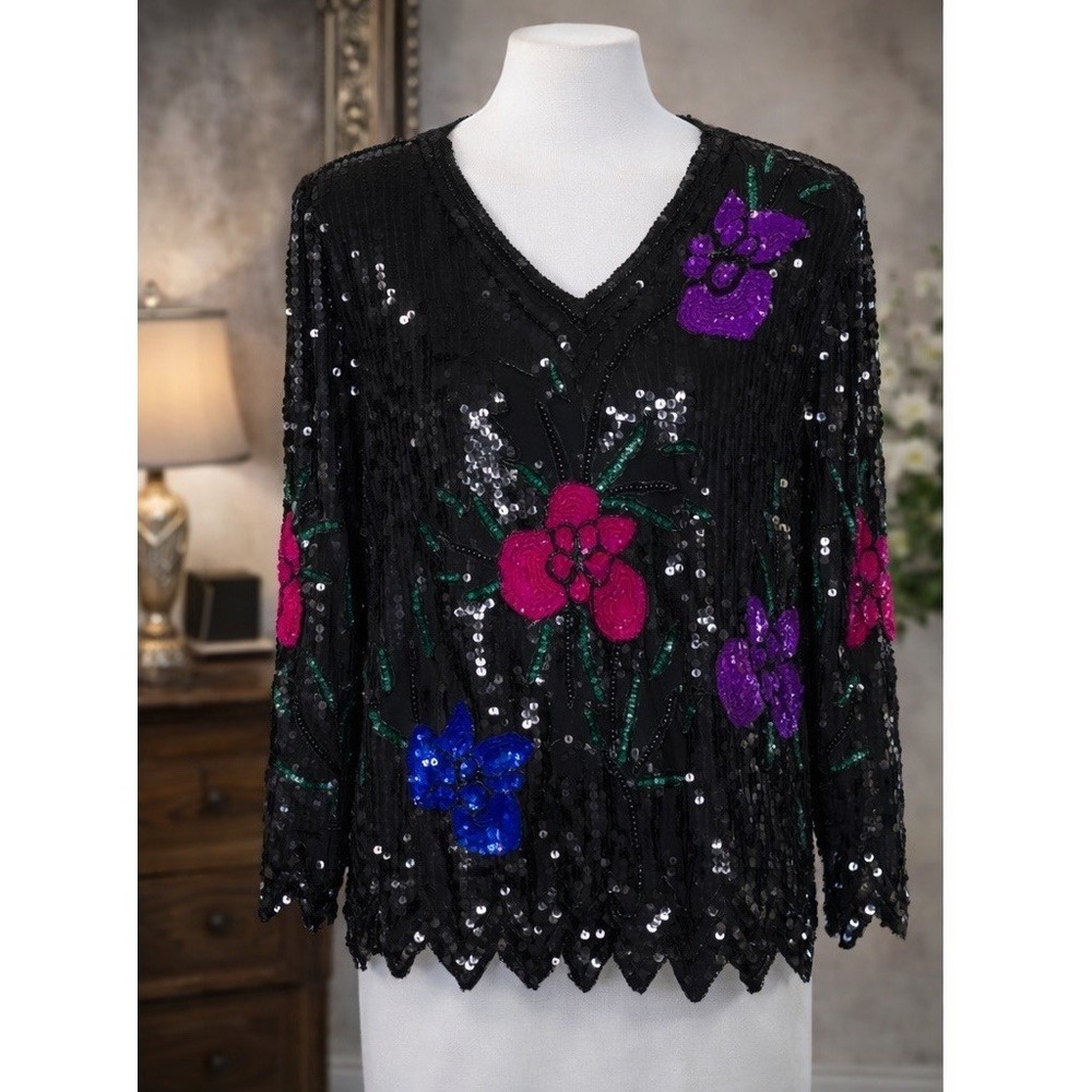 Vintage Statement Party Top Pure Silk Black Floral All‎ Over Sequin Size Small